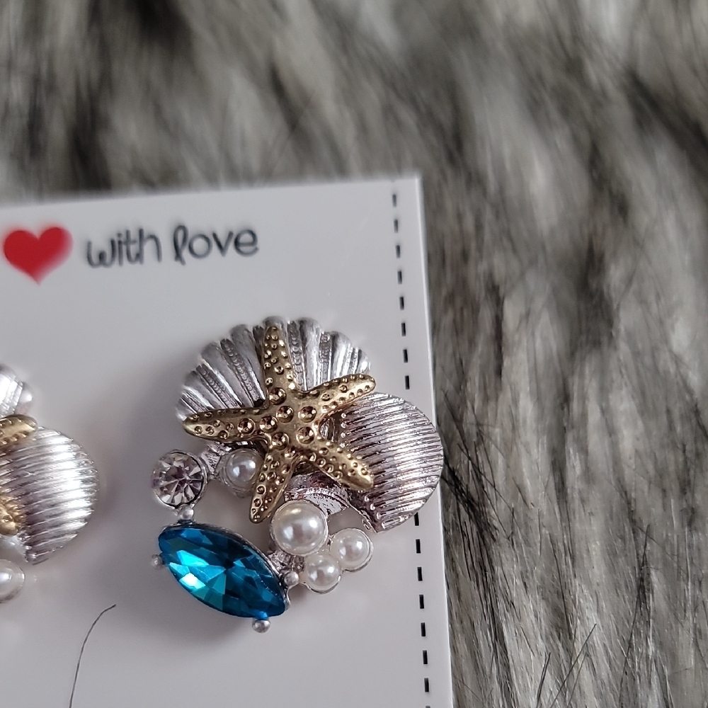 Starfish Shell Earrings with Blue and Gold Accents - Picture 4 of 5